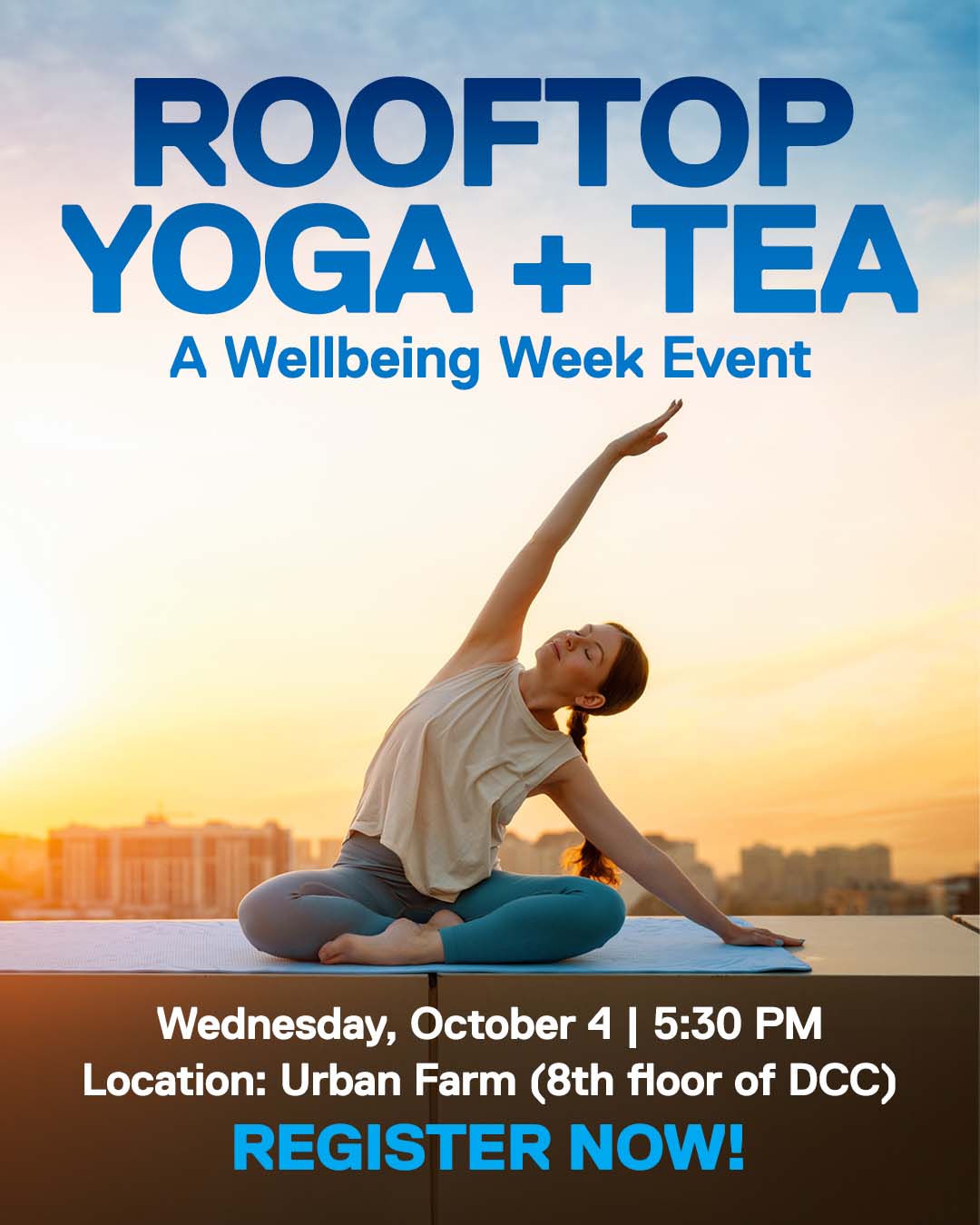 Woman perfoms a yoga seated side stretch on a rooftop at sunset